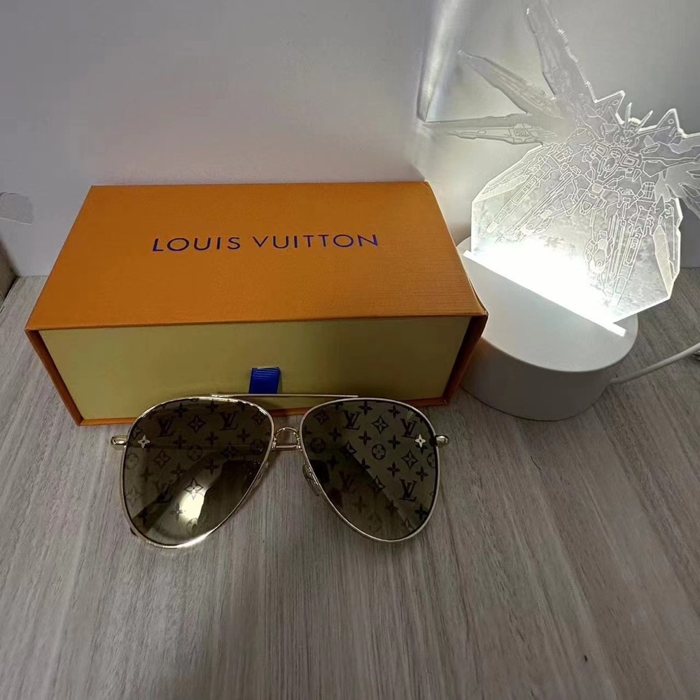 Louis Vuitton Gold Aviator Sunglasses with Monogram Lenses